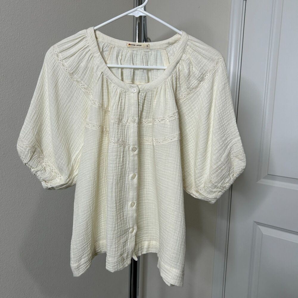 Marine Layer Womens Top Small Ivory White Wren Cotton Gauze Puff Sleeve Peasant